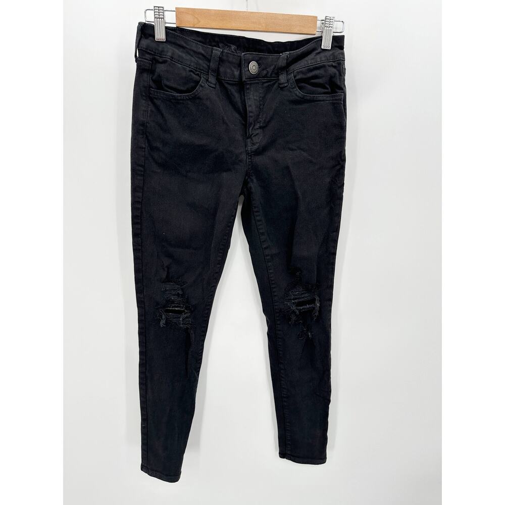 American‎ Eagle AEO Black Denim Distressed Jeggings Women's Size 8 Regular 8R